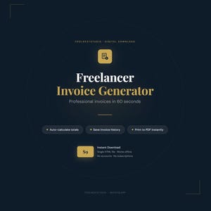 Pu&ograve; includere: Un design grafico blu scuro con il testo "Freelancer Invoice Generator" in oro. L'immagine evidenzia funzionalit&agrave; come il calcolo automatico dei totali, il salvataggio della cronologia delle fatture e la stampa in PDF. Menziona anche "Download istantaneo".