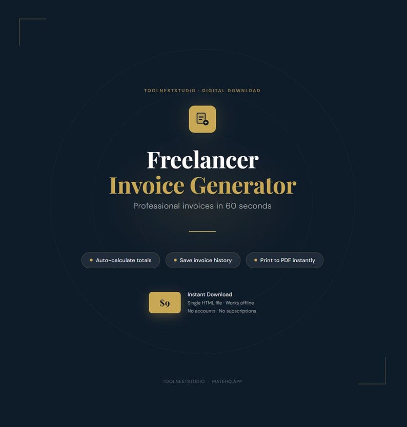 Pu&ograve; includere: Un design grafico blu scuro con il testo "Freelancer Invoice Generator" in oro. L'immagine evidenzia funzionalit&agrave; come il calcolo automatico dei totali, il salvataggio della cronologia delle fatture e la stampa in PDF. Menziona anche "Download istantaneo".