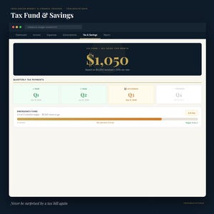 Pu&ograve; includere: Interfaccia digitale per un tracker di fondi e risparmi fiscali. Lo schermo mostra dati finanziari, tra cui un importo del fondo fiscale di $1.050, pagamenti trimestrali e una barra di avanzamento del fondo di emergenza. L'interfaccia &egrave; scura con testo dorato e bianco.