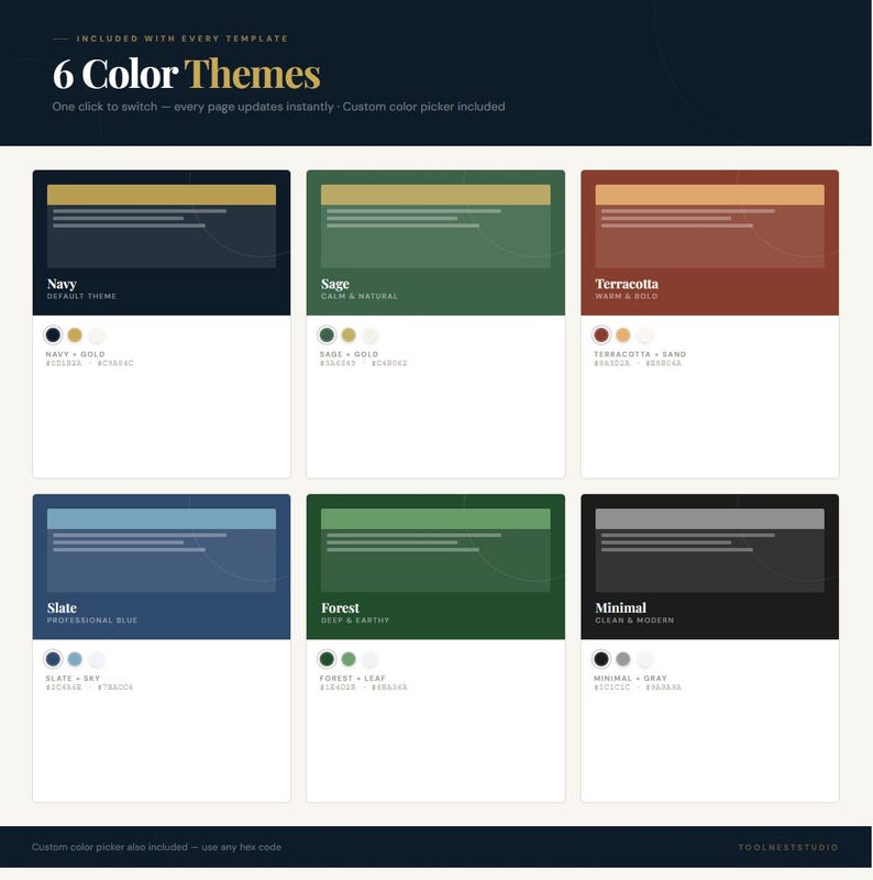 May include: A graphic showcasing six color themes: Navy, Sage, Terracotta, Slate, Forest, and Minimal. Each theme includes color swatches and text labels. The text reads "6 Color Themes" and "One click to switch - every page updates instantly."