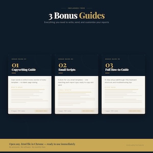 May include: A dark blue graphic with the text "3 Bonus Guides" and the subtext "Everything you need to write, send, and customize your reports." Below are three guides: Copywriting, Email Scripts, and Full How-to Guide.