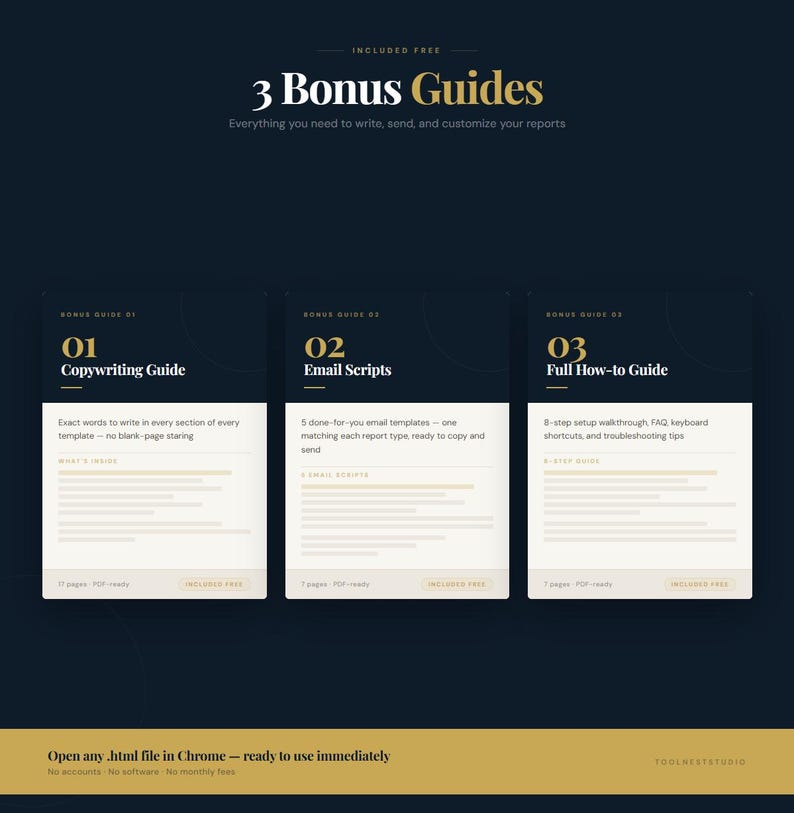 May include: A dark blue graphic with the text "3 Bonus Guides" and the subtext "Everything you need to write, send, and customize your reports." Below are three guides: Copywriting, Email Scripts, and Full How-to Guide.