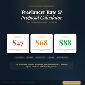 K&ouml;nnte beinhalten: Digitaler Download-Grafik f&uuml;r einen Freelancer-Tarif- und Angebotsrechner. Das Design zeigt drei Preisoptionen: 47 $, 68 $ und 88 $ pro Stunde, mit Beschreibungen. Der Text enth&auml;lt "Wissen Sie genau, was Sie berechnen m&uuml;ssen - in Sekunden."