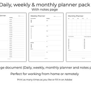 Może przedstawiać: Biały pakiet planera z układami dziennymi, tygodniowymi i miesięcznymi oraz stroną notatek. Tekst zawiera "Daily, weekly & monthly planner pack" i "4 page document". Planer jest przeznaczony do pracy zdalnej.
