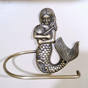 Solid Brass Mermaid Tissue Holder, Vintage Bathroom Hardware Accessories, Paper Holder