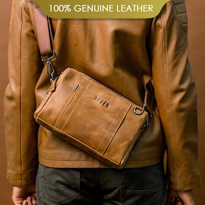 Handmade Genuine Leather Shoulder Bag for Men – 100% Cowhide Crossbody Handbag, Multi Function Messenger Bag – Perfect Birthday Gift for Him
