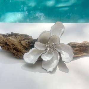 May include: A large, white, flower-shaped decorative object with silver edging and a sparkling center, resting on a piece of weathered driftwood. The flower has multiple layered petals. The background is a blurred turquoise.