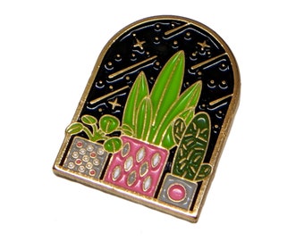 Night Window enamel pin - plants - shooting stars - succulents