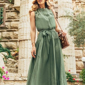 Linen Wrap Dress – Sleeveless Midi Dress with Pockets, V-Neckline, and Button Closure for Wedding Guest, Casual Events & Summer Fashion