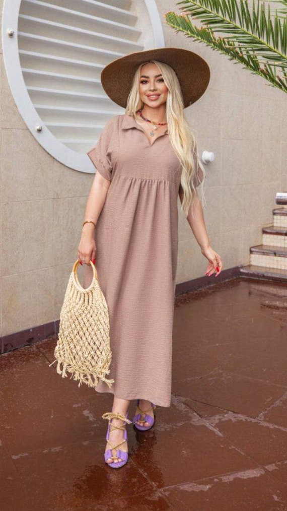Linen Summer Maxi Dress, Boho Wedding Guest Outfit, Modest Plus