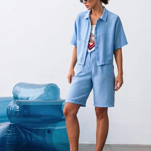 Blue Linen Shorts Suit – Wing-Sleeve Jacket, High-Waisted Shorts, Perfect for Business, Casual Wear and Summer Events