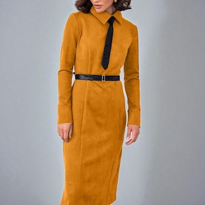 Suede Sheath Dress With Belt | Long Sleeve Collared Dress | Elegant Knee Length Dress With Back Slit - Etsy Suede Sheath Dress With Belt | Long Sleeve Collared Dress | Elegant Knee Length Dress With Back Slit - Etsy