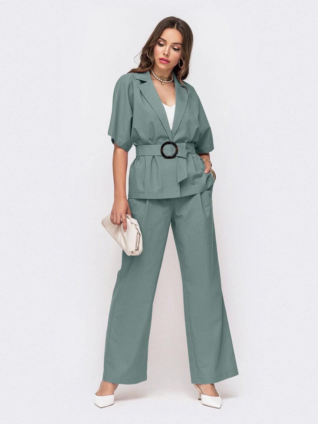 Layered Formal Long Sleeve Scoop Neckline Pantsuit Mint Green