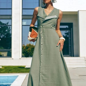 Green Sleeveless Linen Midi Dress With Contrast Collar, Asymmetrical Buttons, Wrap Look Beach Wedding Guest Outfit, Lounge and Summer Wear - Etsy Israel Green Sleeveless Linen Midi Dress With Contrast Collar, Asymmetrical Buttons, Wrap Look Beach Wedding Guest Outfit, Lounge and Summer Wear - Etsy Israel