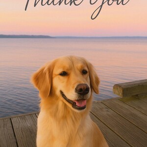 Tarjeta de agradecimiento para un Golden Retriever – Atardecer en el lago – Tarjeta imprimible – Tarjeta para amantes de los perros – Descarga instantánea