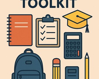 Puede incluir: Ilustración de un kit de herramientas con temática universitaria con una mochila, un cuaderno, una lista de verificación, una calculadora, un lápiz y un birrete. El texto "COLLEGE READY TOOLKIT" está en la parte superior.