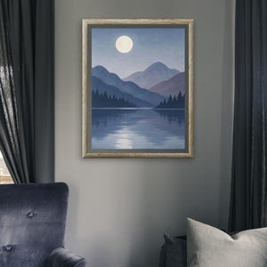 Moonlit Mountain Lake Print: Pastel Gouache Landscape (PDF Download