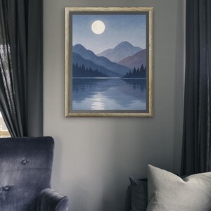 Mondschein Bergsee Wand Kunst, minimalistische Gouache Nacht Szene, Vollmond Landschaft PDF Download für Calm Decor