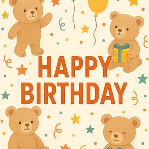 Carte imprimable joyeux anniversaire ours en peluche, carte de voeux ours mignon pour enfants, carte d'anniversaire numérique pour garçons et filles - PDF PNG JPG à télécharger