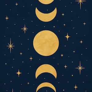 Celestial Moon Phases Wall Art, Gold Stars & Indigo Sky Printable Poster, Mystical Night Sky Download, Spiritual Boho Decor Print