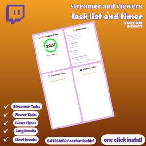 May include: A digital task list and timer widget for Twitch streamers and viewers. The interface includes a Pomodoro timer showing 22:51, streamer and viewer task sections, and command options. The design is customizable and easy to install.
