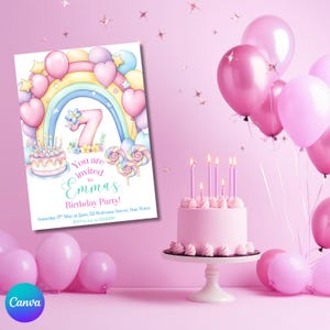 Mädchen Geburtstagseinladung, Regenbogen 7.Geburtstagsparty, Einladung zum 7. Geburtstag, Einladung zum 7.