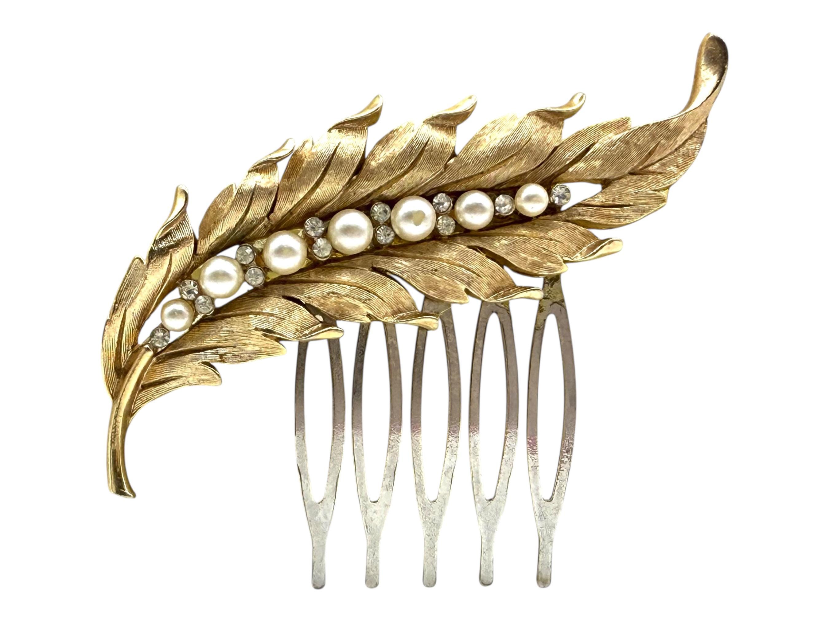 Bridal Vintage Pearl Gold Feather Bridal Comb Rhinestone Wedding Hair Accessory Bridal Vintage Pearl Gold Feather Bridal Comb Rhinestone  main image 4