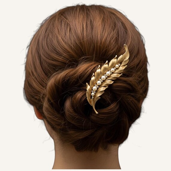 Bridal Vintage Pearl Gold Feather Bridal Comb Rhinestone  display picture 1