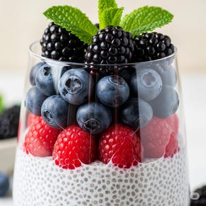 Puede incluir: Un vaso transparente lleno de capas de pudín de semillas de chía, frambuesas rojas, arándanos y moras. Hojas de menta fresca adornan la parte superior. Un capricho refrescante y colorido.