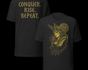 Valkyrie Warrior Shirt | Norse Viking Gym Tee | “Conquer. Rise. Repeat.” | Old Gods Strength Project