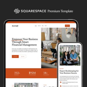 Könnte beinhalten: Digitales Mockup einer Squarespace-Website auf einem Tablet und Smartphone. Die Website wirbt für intelligentes Finanzmanagement mit dem Text "Empower Your Business Through Smart Financial Management."
