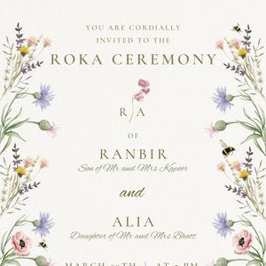 Invitación elegante a la ceremonia Roka / Invitación editable a la ceremonia Roka Chunni Takhar / Invitación moderna floral, hindú sikh, editable