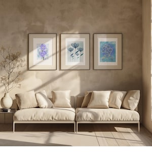 Blue Nature Wall Art Set of 3 – Minimalist Botanical Prints in Blue – Printable Triptych Poster for Living Room Decor –
