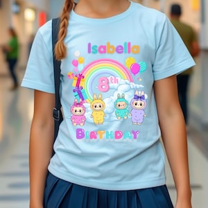 Aangepaste Labubu verjaardagsshirt leuke cartoon graphic T-shirt gepersonaliseerd Labubu verjaardagscadeau