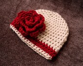 Crochet Valentine's day Baby Flower Hat - Tan Baby Beanie with Deep Red Rose Flower