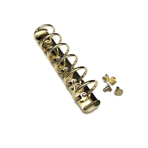 Könnte beinhalten: Ein goldfarbener Ringmechanismus mit sieben Ringen und mehreren kleinen Schrauben. Die Ringe sind mit einer rechteckigen Basis verbunden. Die Schrauben sind klein und haben einen flachen Kopf.