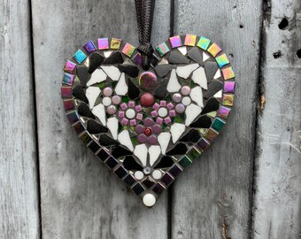 Pretty White and Purple Flower Mosaic Heart