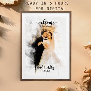 Wedding Welcome Sign Watercolor, Unique Wedding Decor from Couple Portrait, Photo Wedding Sign, Unique Wedding Decoration, Wedding Entrance