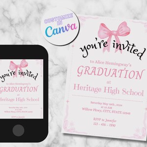 Modelo de convite para formatura de meninas com laço rosa coquete, editável, download digital instantâneo