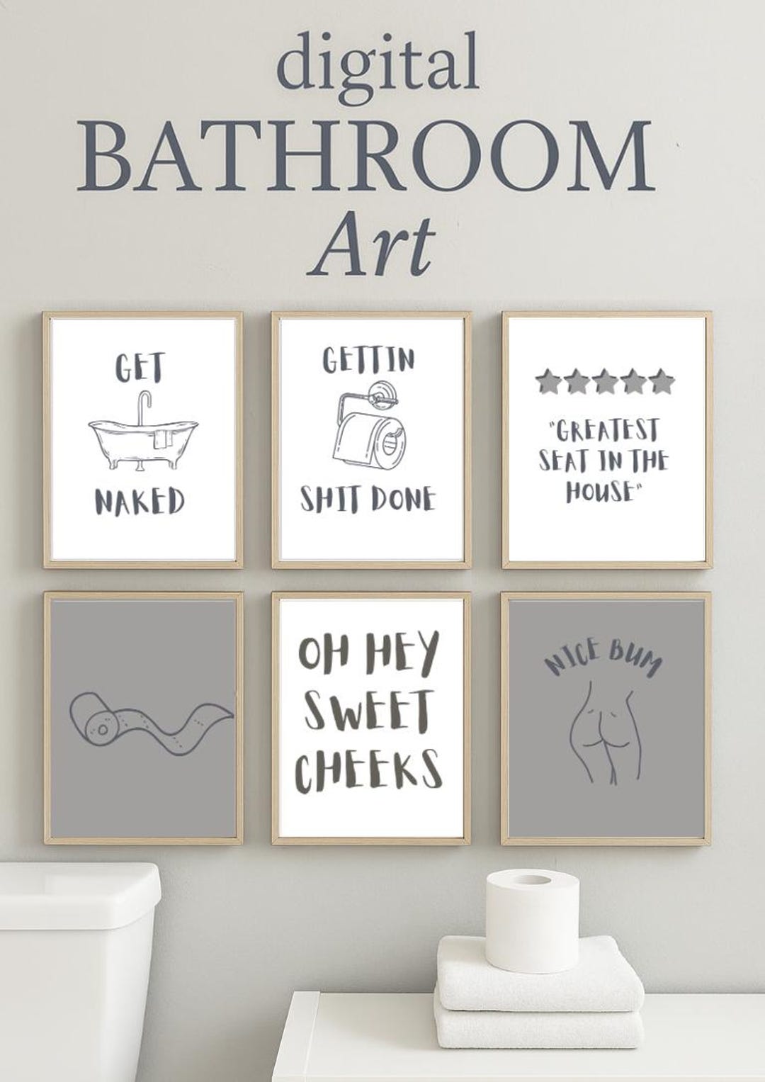 Funny Bathroom Prints Set: Gray & Blue Trendy Wall Art (digital ...