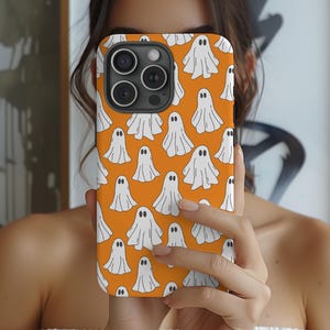 Cute Spooky Ghost Phone Case, Halloween Aesthetic, Orange & White Ghosts, iPhone 16 15 14 13 12 Pro Max Plus Samsung Galaxy S24 S23 S22 S21