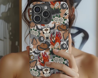 Western Cowgirl Phone Case, iPhone & Samsung Galaxy Cover, Cowboy Skull Roses Pattern, Boho Rodeo Aesthetic, Vintage Country Western Gift