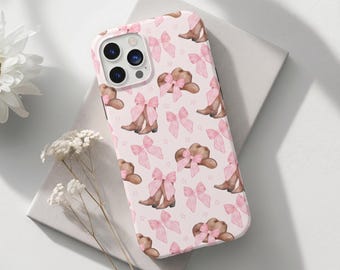 Pink Cowgirl Boot & Hat Phone Case with Bows, iPhone and Samsung Galaxy Cover, Western Aesthetic, Cute Country Cowgirl Gift, Coquette Vibe