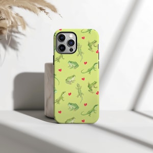 Cute Frog and Lizard Phone Case, iPhone Google Pixel & Samsung Galaxy Cover, Green Reptile Amphibian Hearts, Aesthetic Nature Illustration