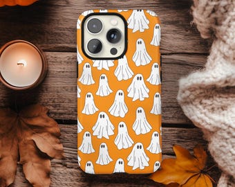 Cute Halloween Ghost Phone Case, iPhone & Samsung Galaxy Cover, Orange Spooky Ghost Pattern, Fall and Autumn Aesthetic, Protective Case