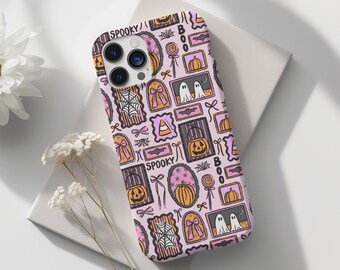 Cute Halloween Phone Case, iPhone & Samsung Galaxy Cover, Spooky Ghosts, Pumpkins, Candy, Bows, Pastel Pink Fall Aesthetic, Fall Accessory