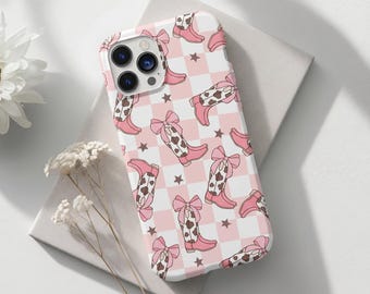 Pink Cowgirl Boot Phone Case with Bows & Stars, iPhone and Samsung Galaxy Cover, Western Aesthetic, Cute Country Cowgirl Gift, Checkered