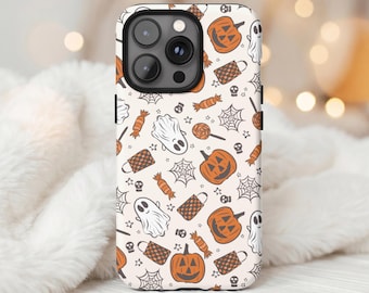Halloween-telefonskal, iPhone- och Samsung Galaxy-skal, nyckfullt spöke- och pumpa-godismönster, höstestetik, Halloween-present