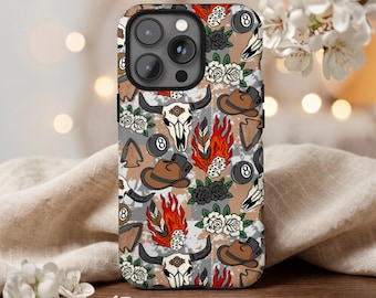 Western Cowgirl Phone Case, iPhone & Samsung Galaxy Cover, Cowboy Skull Roses Pattern, Boho Rodeo Aesthetic, Vintage Country Western Gift