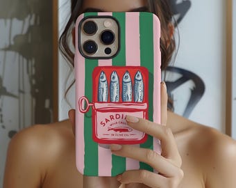 Rosa und grüne Sardinendose Handyhülle, iPhone Google Pixel & Samsung Galaxy Hülle, Sommer Vintage Ästhetik, maritimes Strand Geschenk